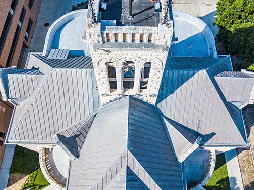 aerial closeup view of ornate church in new braunfels